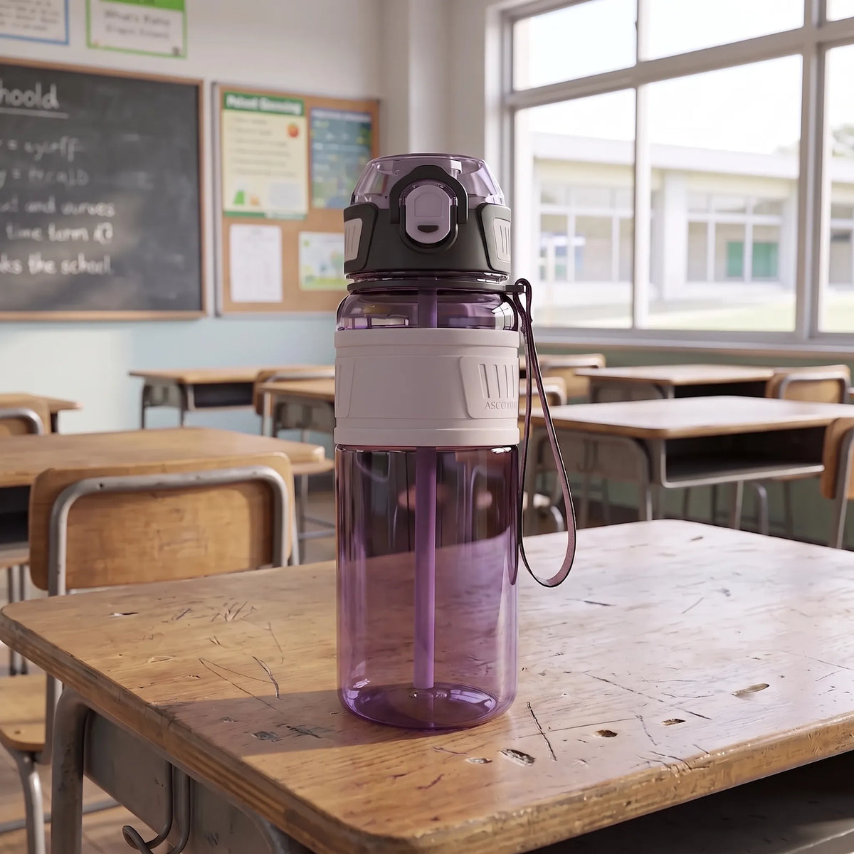 Translucent Flip Top Straw Sports Water Bottle With Strap