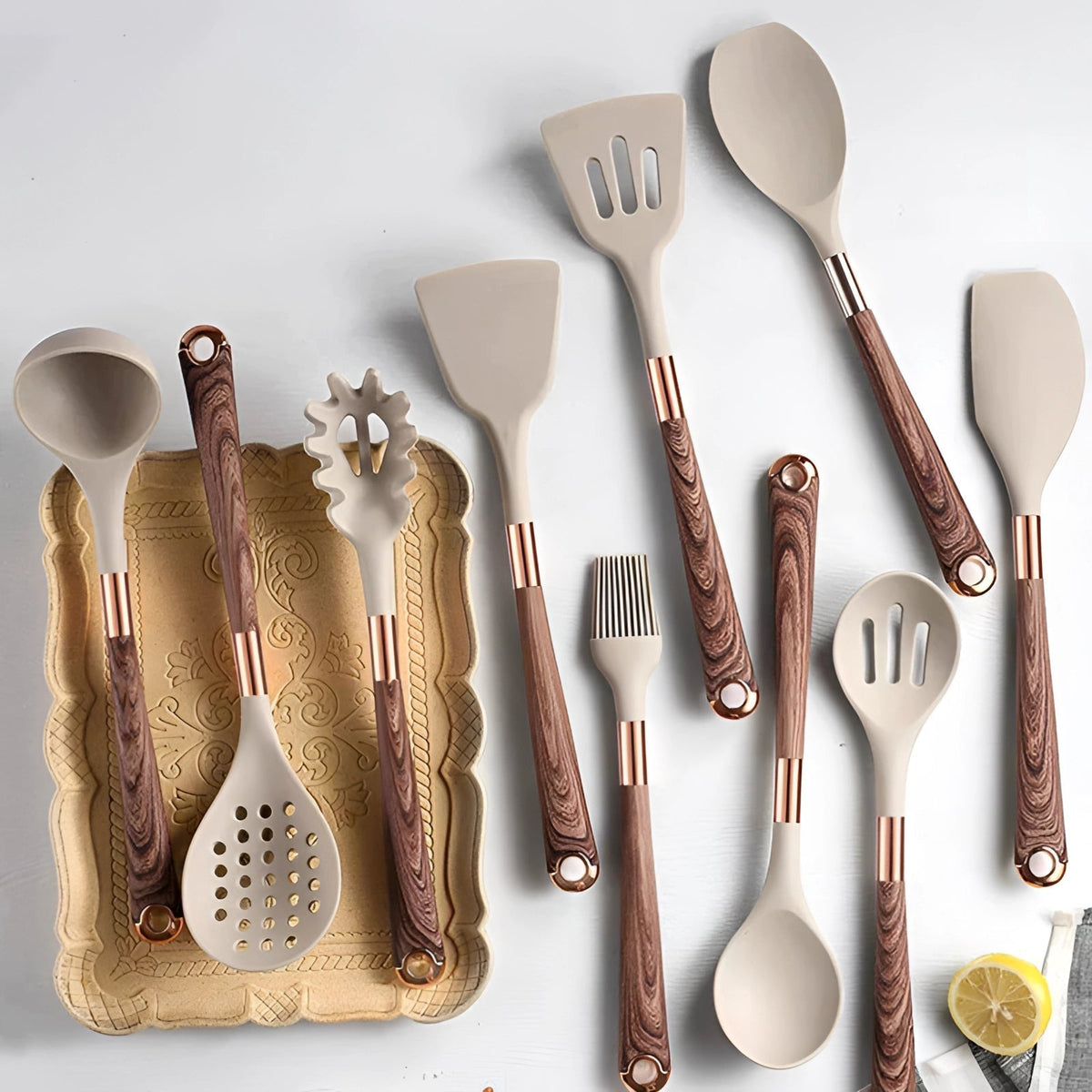 Ergonomic Copper Wood Handle Silicone Kitchen Utensils Set