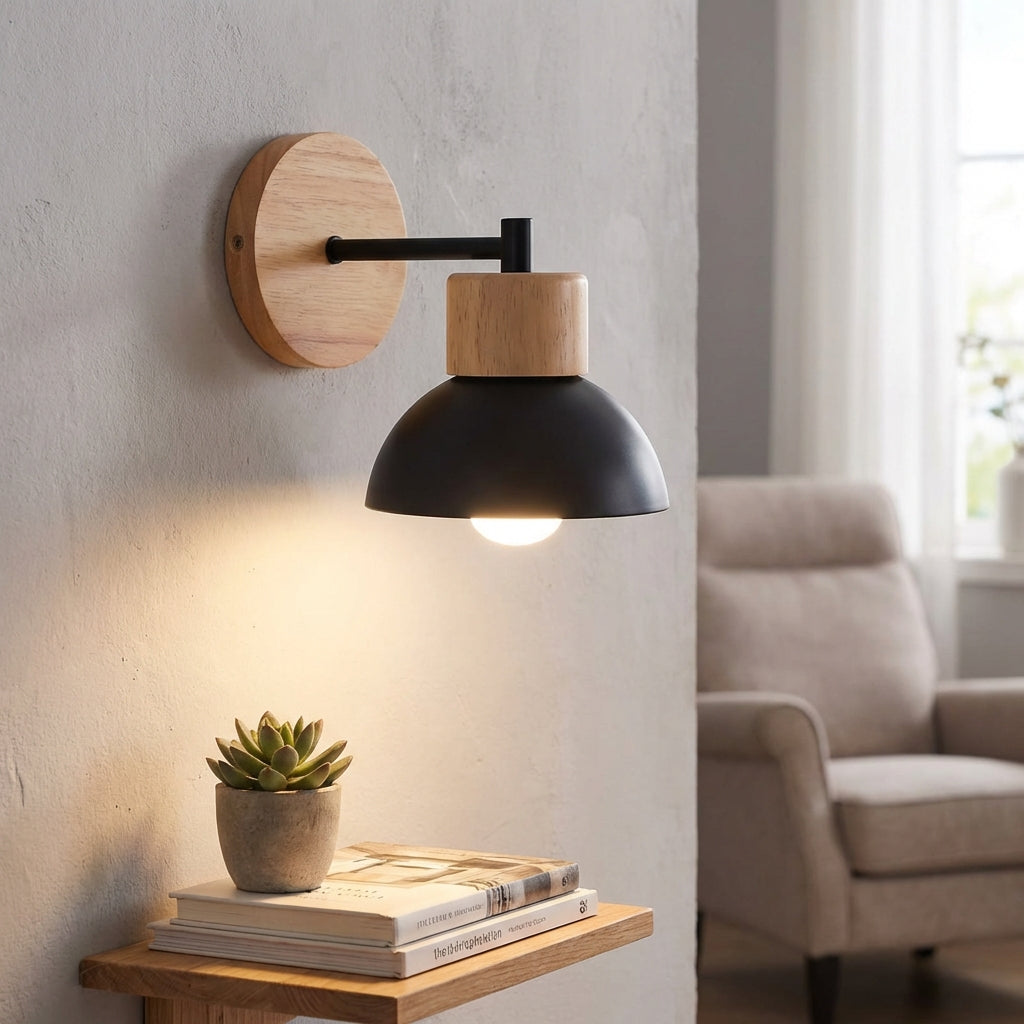 Minimalist Wood Accent Matte Metal Shade Wall Light