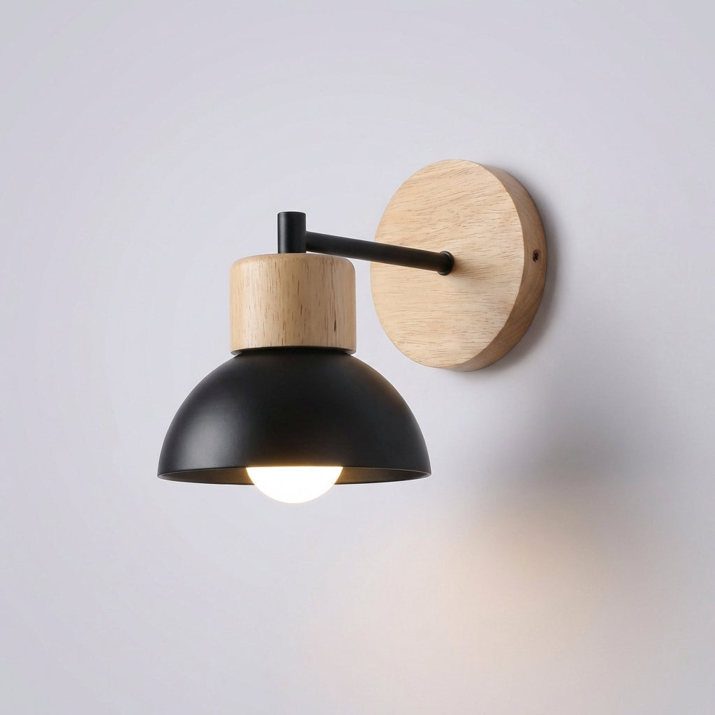 Minimalist Wood Accent Matte Metal Shade Wall Light