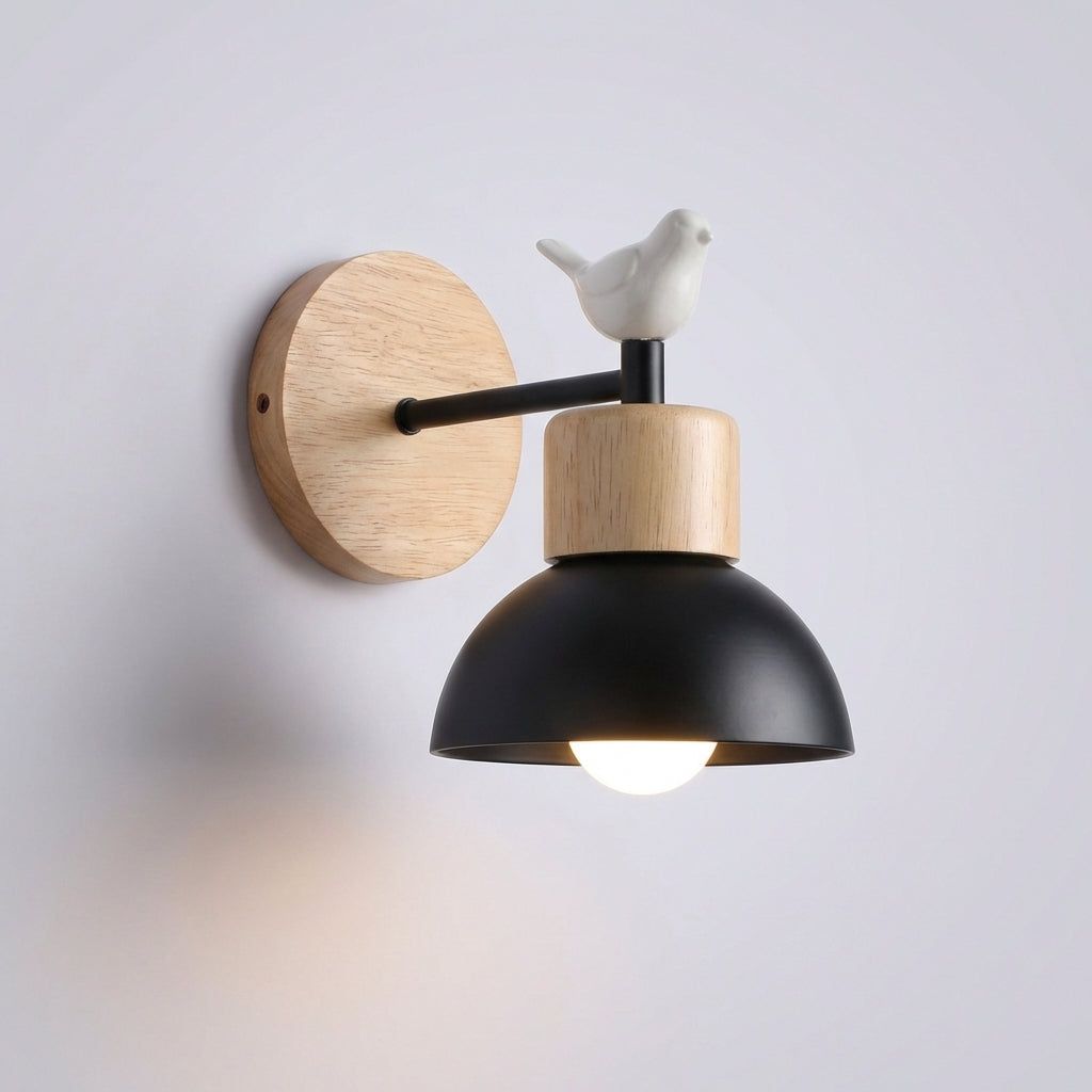 Minimalist Wood Accent Matte Metal Shade Wall Light