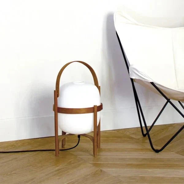 Opal Glass Wooden Frame Portable Table Lamp With Handle
