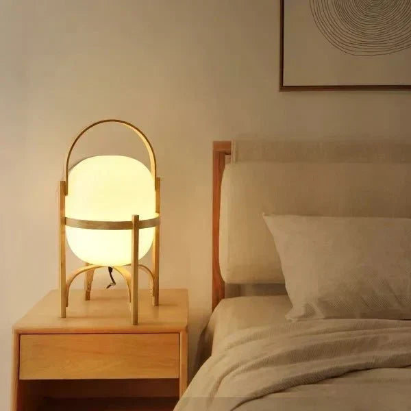Opal Glass Wooden Frame Portable Table Lamp With Handle