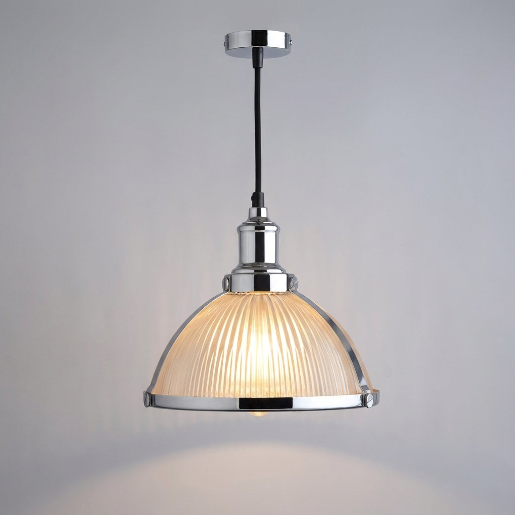 Retro Fluted Glass Metal Frame Single Light Pendant Light