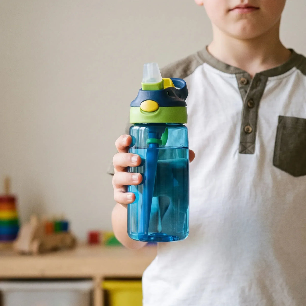 Push-Button Flip Lid Straw Kids Water Bottle