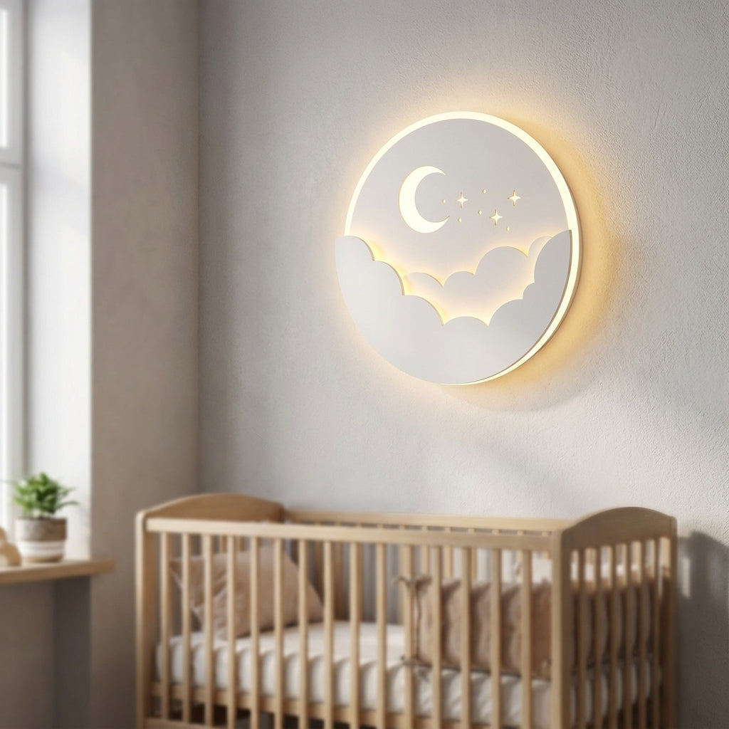 Round Moon and Stars Silhouette Battery Powered Wall Light
