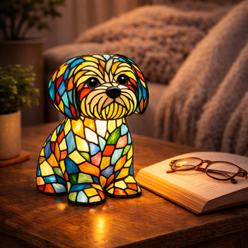Stained Glass Dog Figurine Resin Night Light Table Lamp
