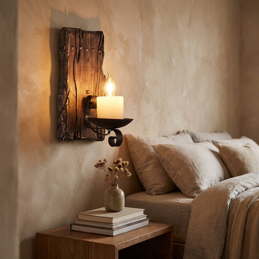 Rustic Handcrafted Natural Wood Grain Vintage Candlelike Wall Light