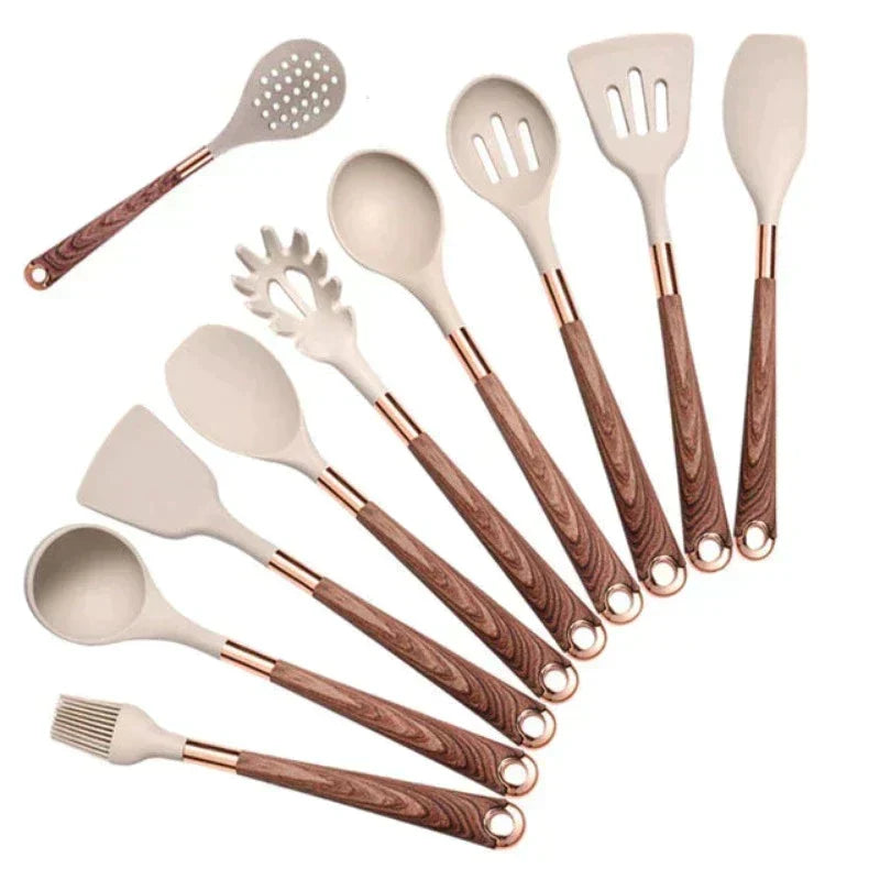 Heat Resistant Food-safe Silicone Wooden Handle Kitchen Utensil Set