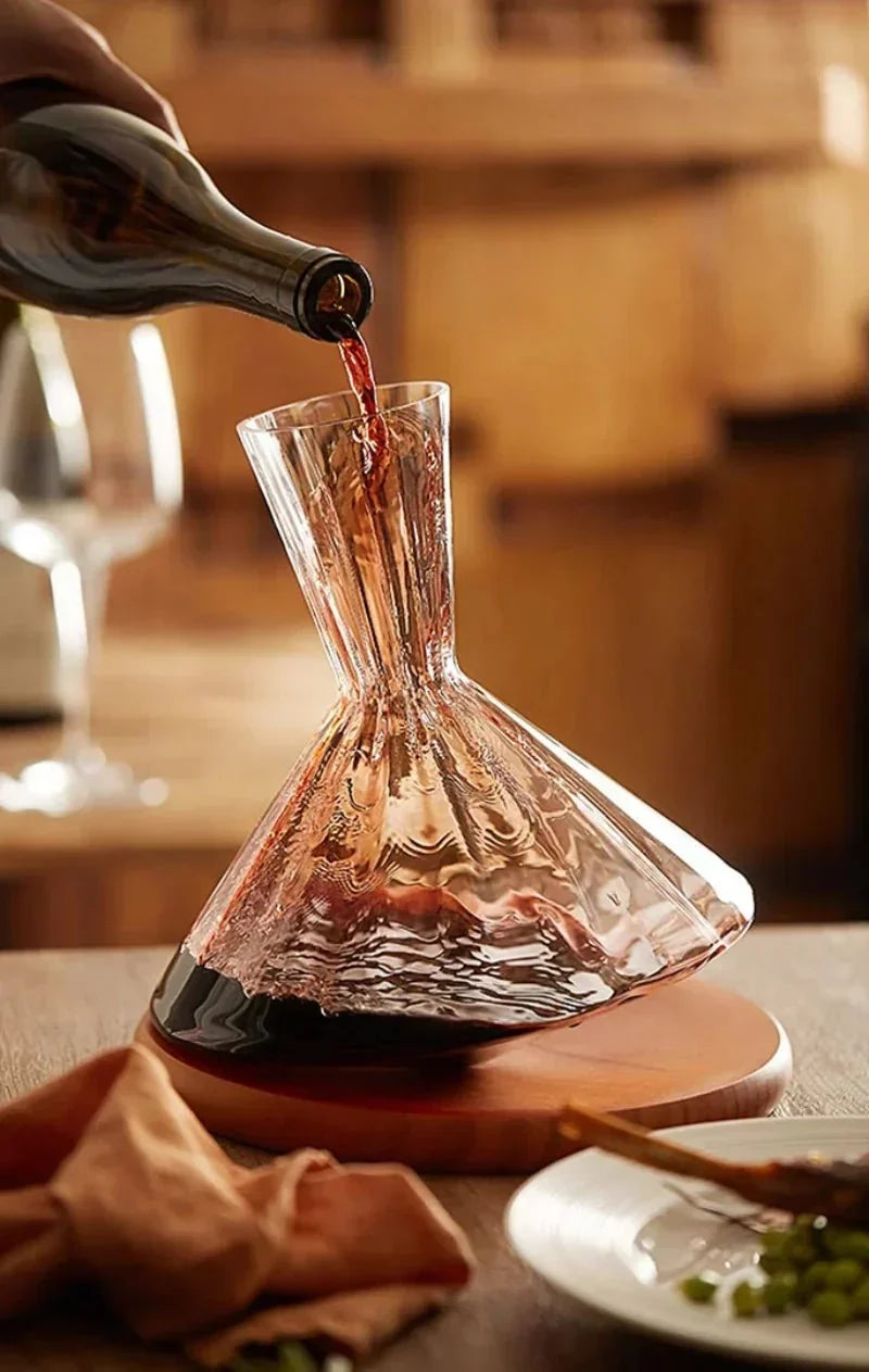 Angular Glass Rotating Wine Decanter With Wooden Base