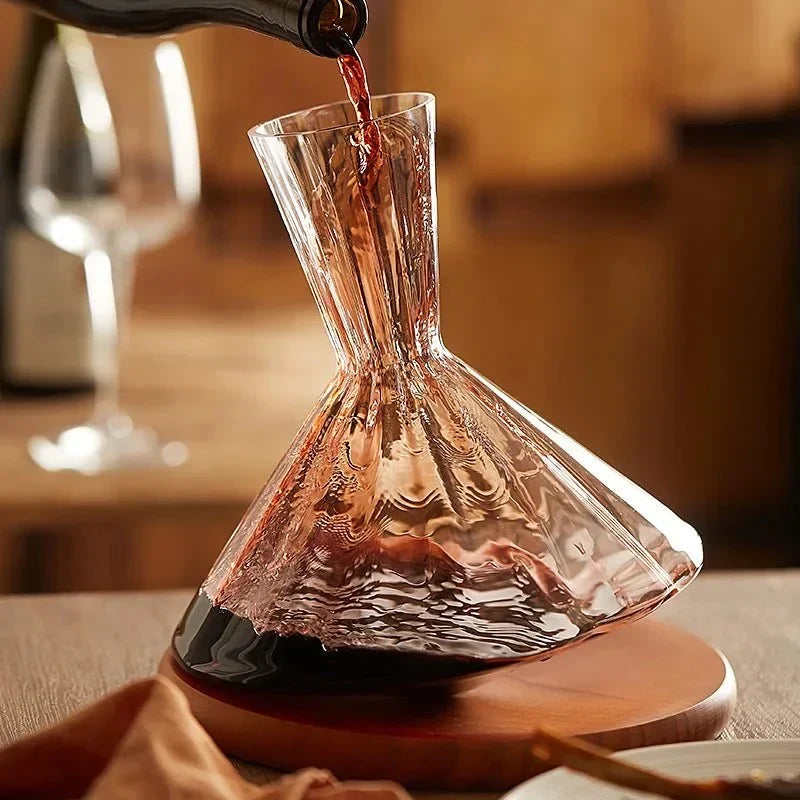 Angular Glass Rotating Wine Decanter With Wooden Base