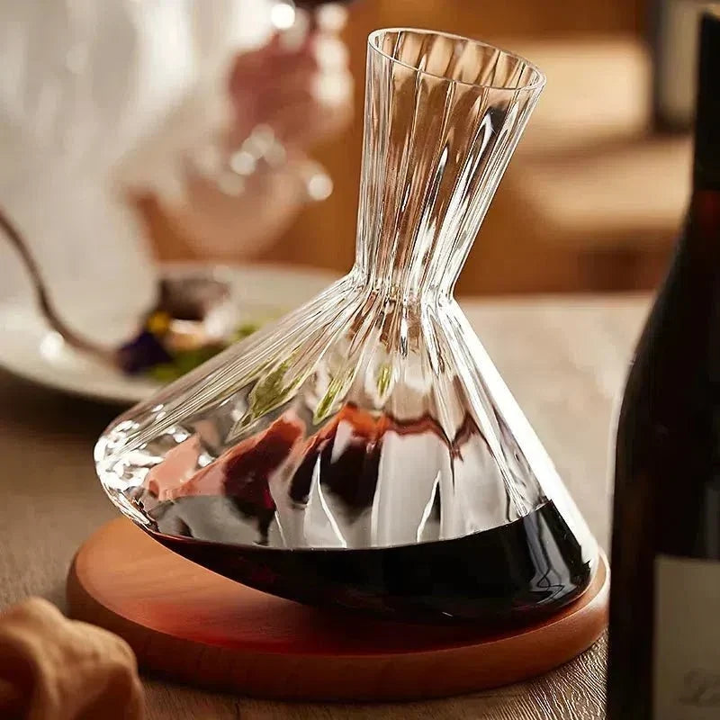 Angular Glass Rotating Wine Decanter With Wooden Base