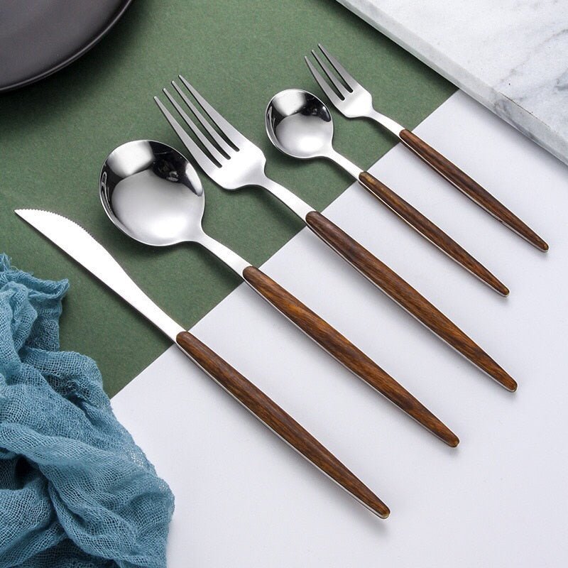 Wooden Handle Stainless Steel Ergonomic Flatware Cutlery Set