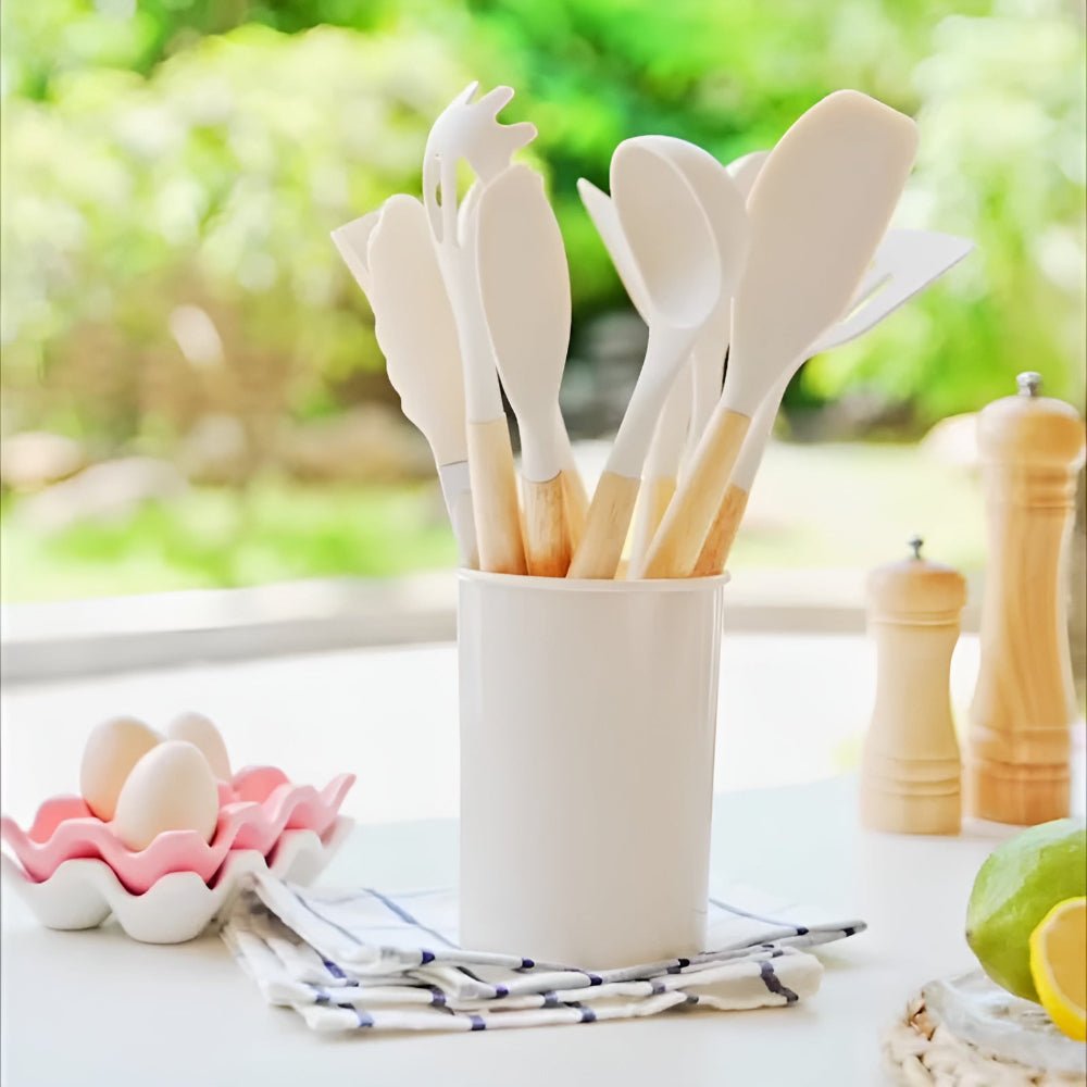 Heat Resistant Bamboo Handle Silicone Kitchen Utensil Cutlery Set