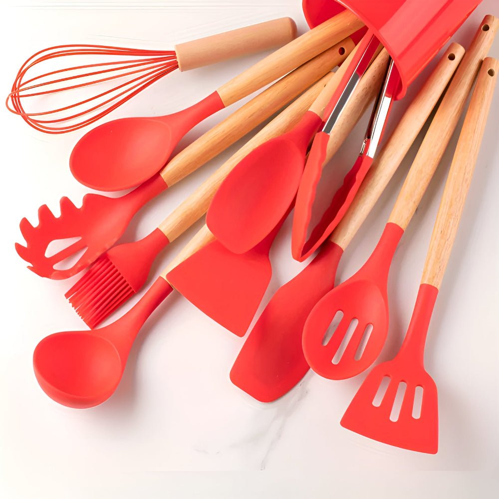 Heat Resistant Bamboo Handle Silicone Kitchen Utensil Cutlery Set
