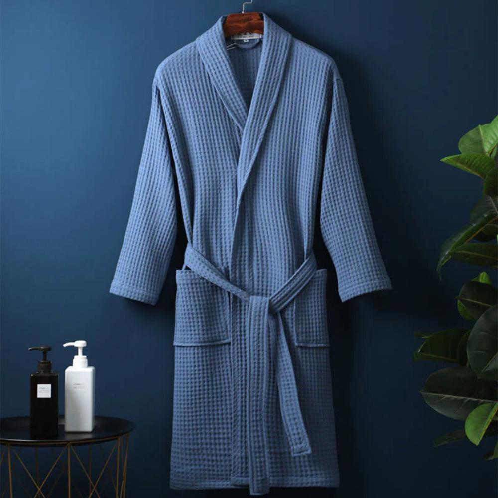 Lightweight Waffle Textured Cotton V-Neck Bathrobe With Adjustable Belt