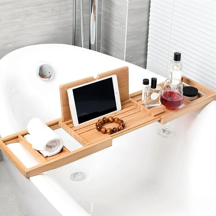 Natural Bamboo Adjustable Expandable Bathtub Caddy Tray With Book And Tablet Holder