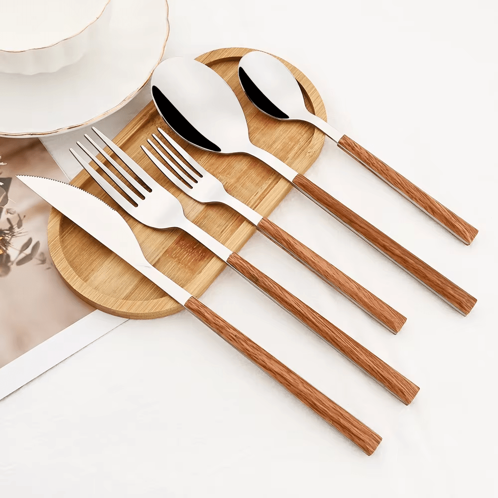 Elm Wood Handle Stainless Steel Kitchen Flatware Cutlery Set