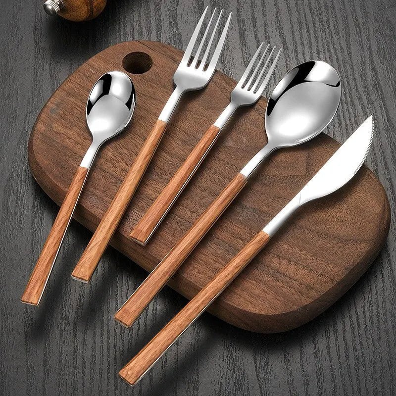 Elm Wood Handle Stainless Steel Kitchen Flatware Cutlery Set