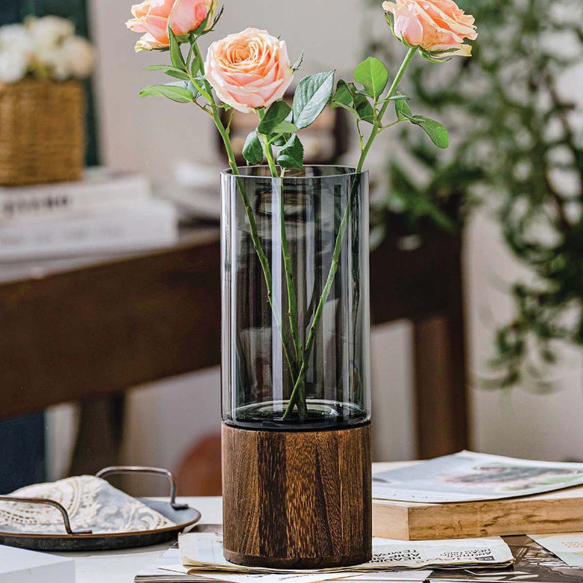 Natural Wood and Glass Contrast Flower Vase