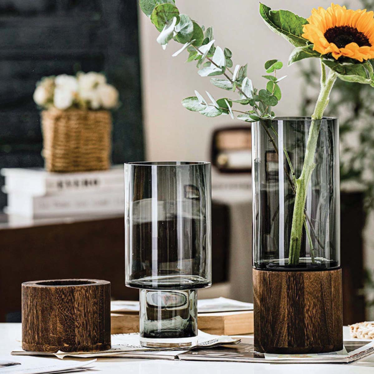 Natural Wood and Glass Contrast Flower Vase