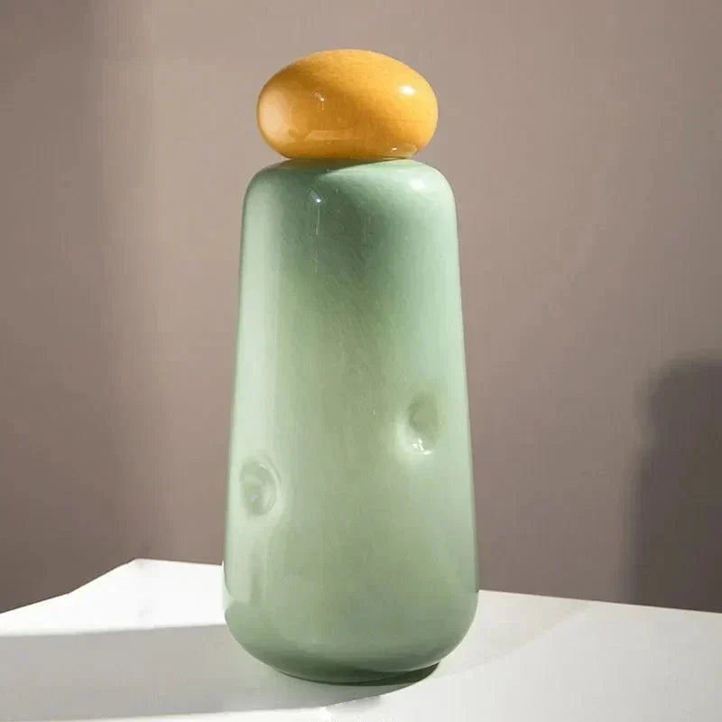 Glossy Pebble Lid Elliptical Glass Flower Vase