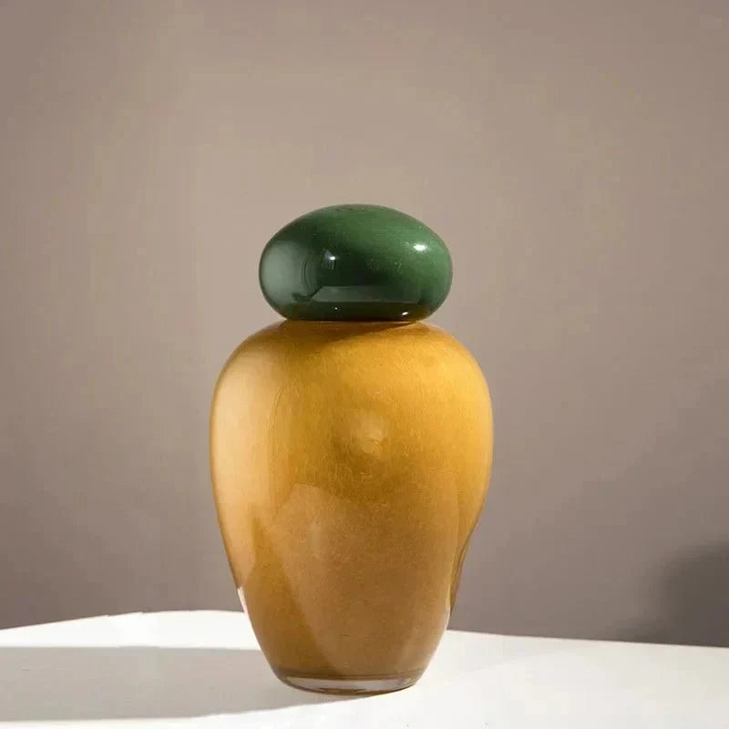 Glossy Pebble Lid Elliptical Glass Flower Vase