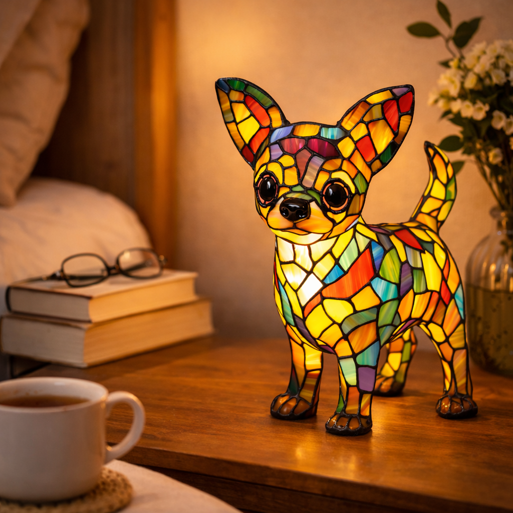 Mosaic Dog Stained Glass Decorative Table Lamp for Bedroom